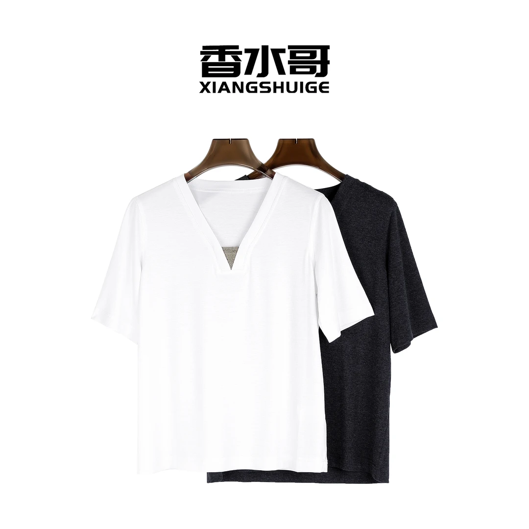 2024夏季新款女休闲V领中袖舒适显瘦T恤气质纯色修身上衣