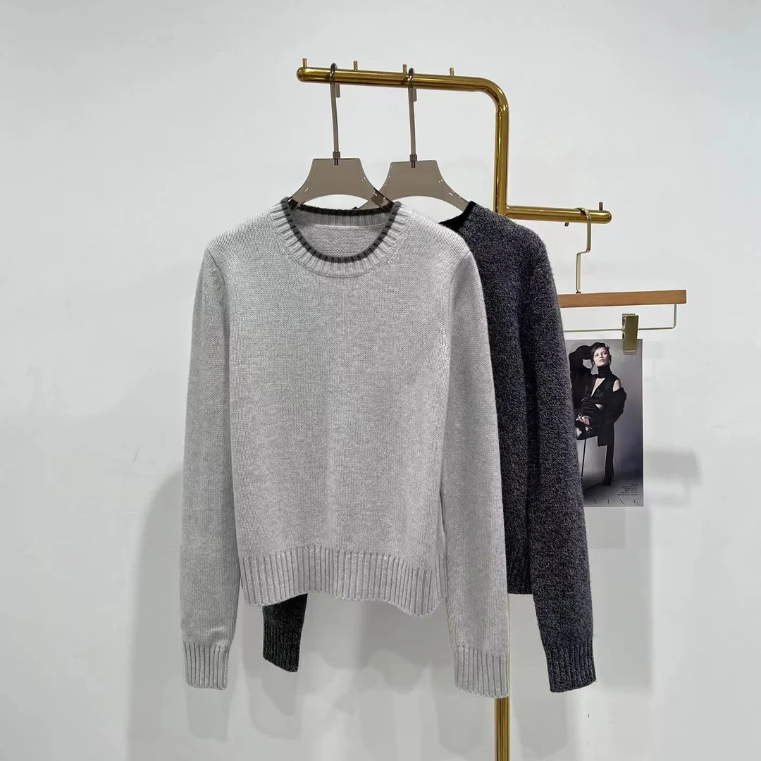 2024春季新品女装时尚休闲百搭圆领羊绒衫短款长袖毛针织衫