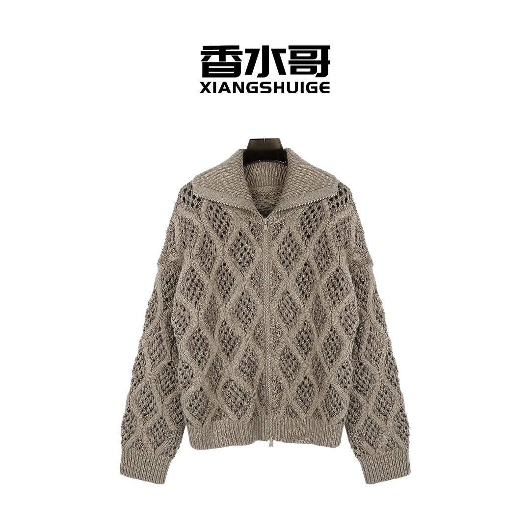 秋冬新款2024女休闲翻领长袖菱形亮片外套纯色羊绒开衫大衣