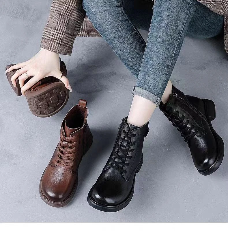 头层牛皮欧美冬季时尚百搭粗跟英伦风中跟马丁靴粗跟女靴短靴