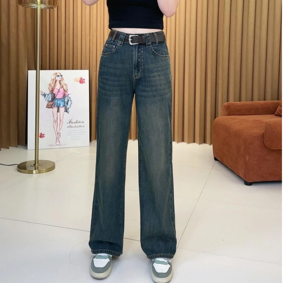 （配腰带）直筒加绒加厚牛仔裤女高腰2024新款宽松显瘦阔腿裤百搭