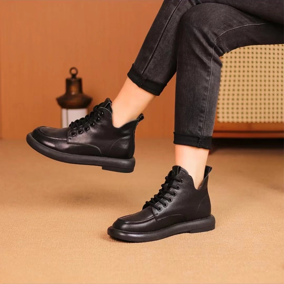 （加绒）系带短靴马丁女保暖冬季新款圆头单靴复古妈妈马丁靴 7005