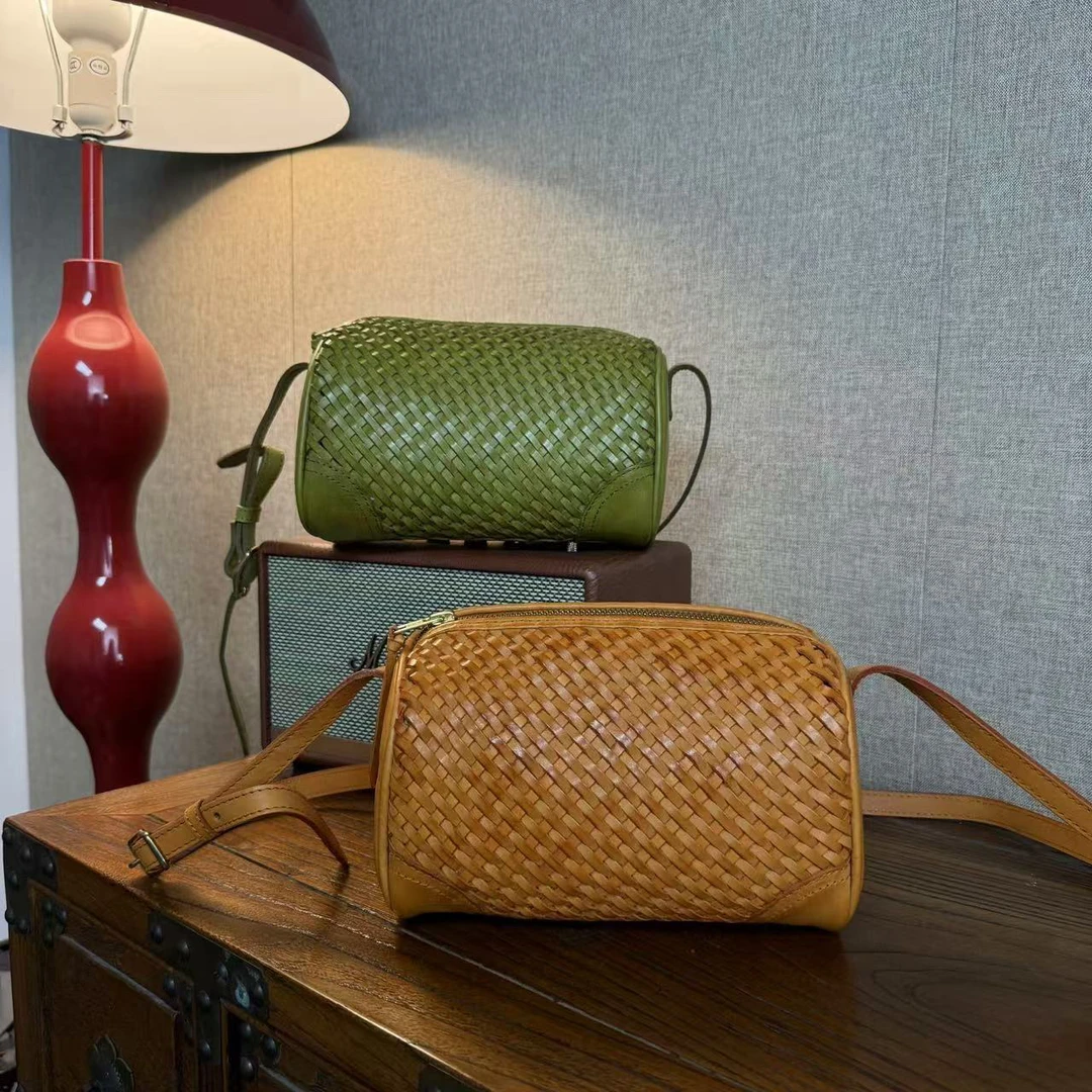 新款头层植鞣牛皮重工水洗编织包简约版笔筒包单肩斜挎包9811