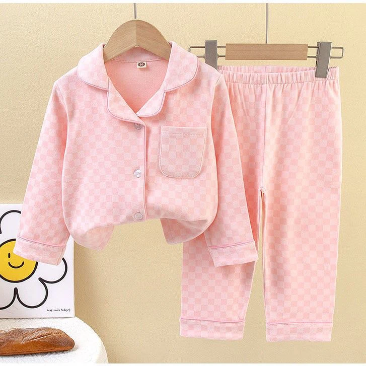 儿童德绒格子睡衣秋冬长袖男女童加绒翻领家居服保暖自发热套装