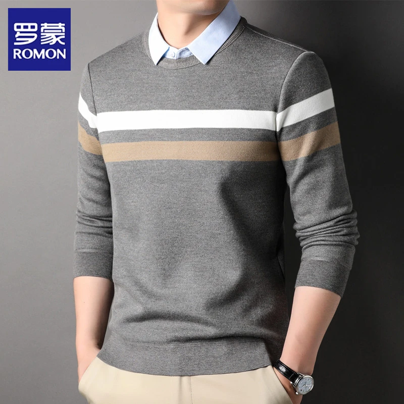 罗蒙假两件毛衣中青年爸爸装2024秋冬季新款衬衫领打底针织衫男装