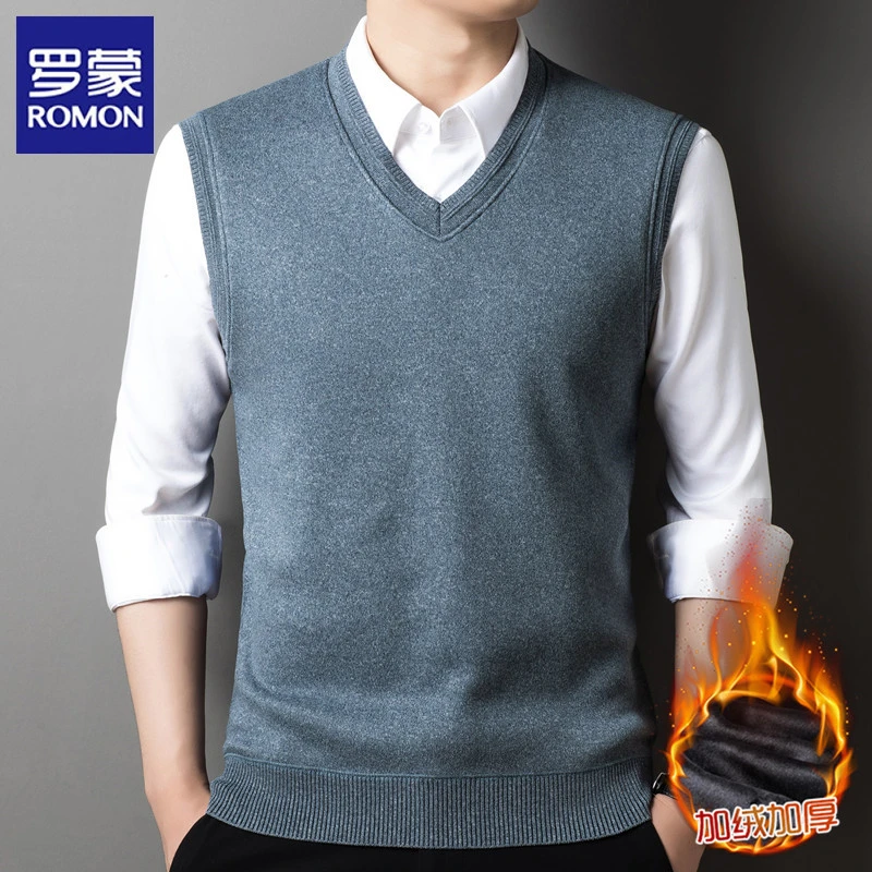 罗蒙加绒毛衣时尚背心男冬季毛线坎肩男士针织衫马甲内搭保暖上衣