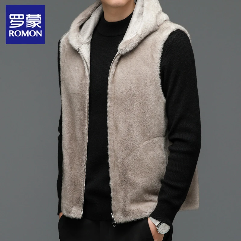 Romon/罗蒙双面穿雪兰貂绒连帽马甲皮毛一体男短款加厚马夹外套潮
