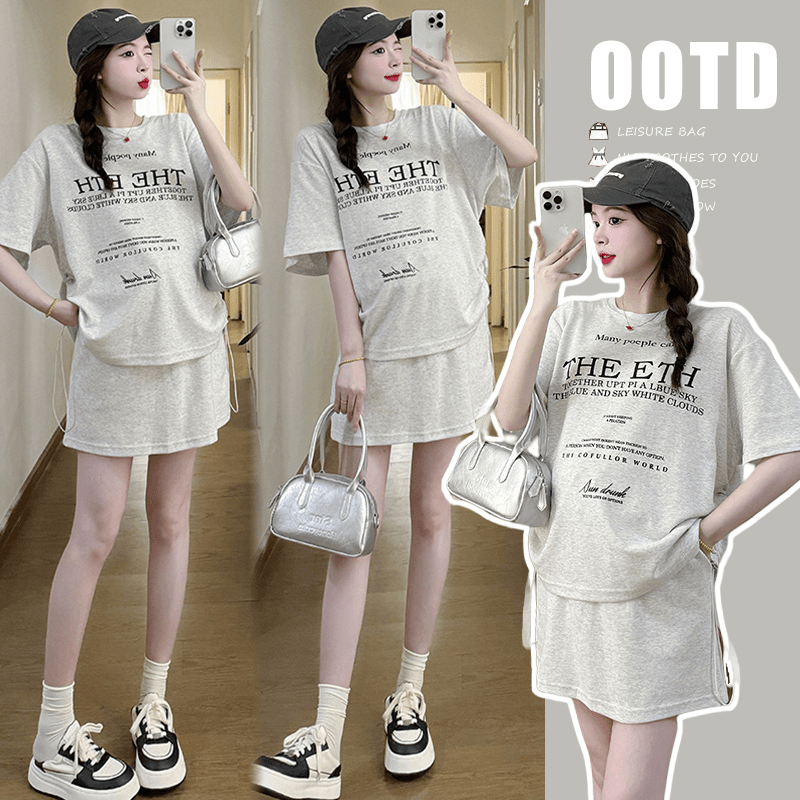 【初禾】孕妇装夏款2024新款套装休闲短袖体恤半身裙两件套时尚洋气