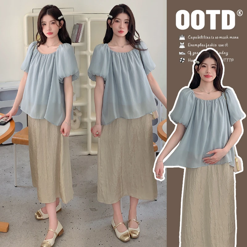 【初禾】孕妇装夏款套装夏天甜美气质上衣雪纺衫减龄半身裙两件套薄
