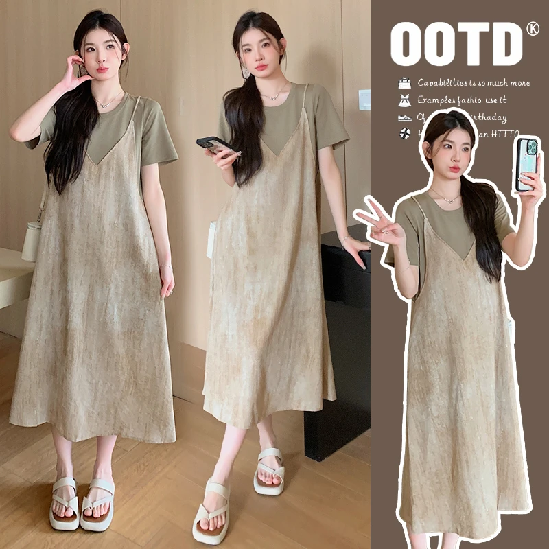 【是旺仔吖】孕妇装夏款连衣裙2024新款宽松减龄假两件夏季过膝长裙