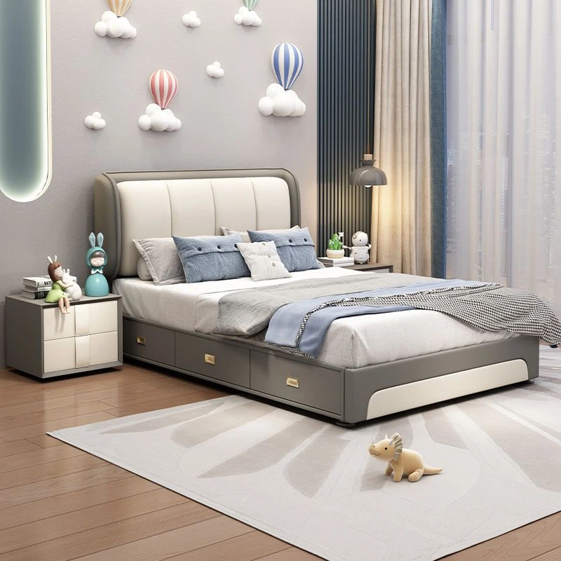 新款儿童床男孩女孩现代简约仿皮软包床小户型家用气压储物床
