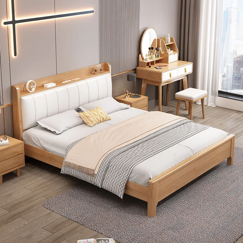 北欧实木床现代简约1.8米原木双人床1.5米软靠主卧储物床