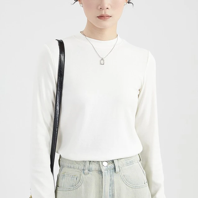T恤女修身基础款小圆领2025春秋款纯色简约百搭弹力打底衫白色