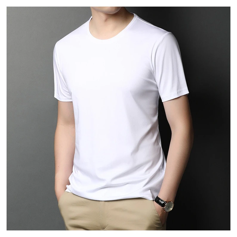 80支液氨双面丝光棉短袖T恤男圆领纯色夏季免烫冰丝纯色半袖体恤