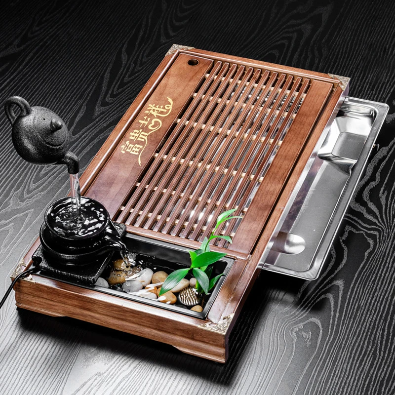 瓷牌茗功夫茶盘家用实木沥水盘不锈钢底座简约蓄排水托盘茶具套装