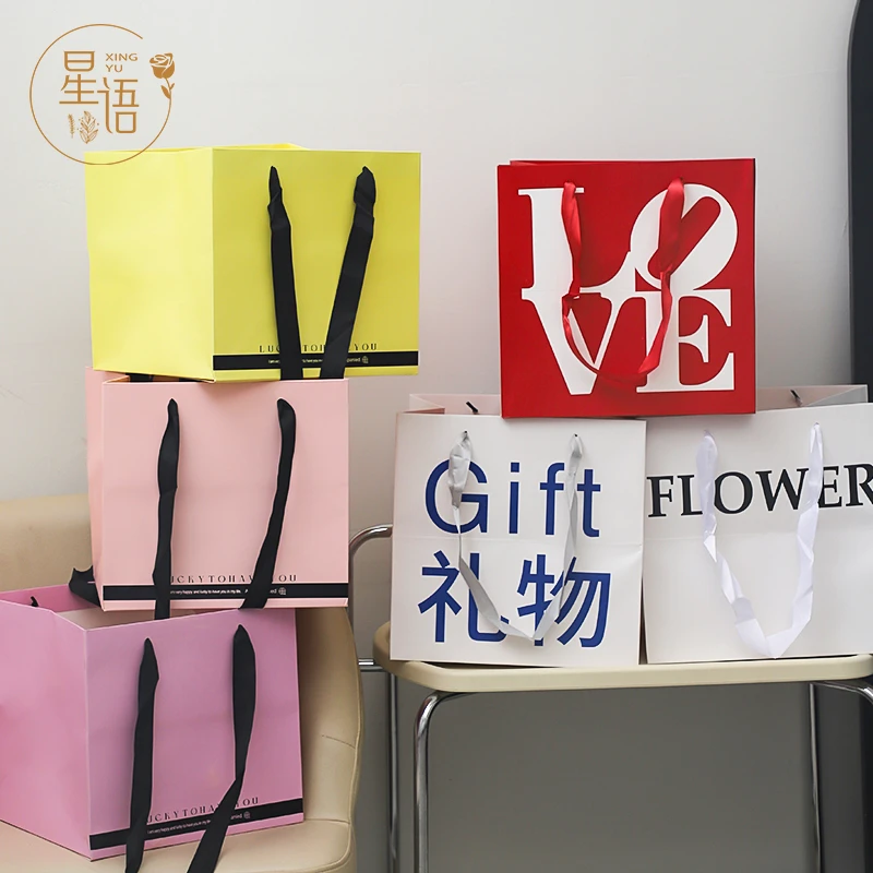 网红手提袋 正方形花束袋鲜花包装袋花艺礼品袋 花店包装材料
