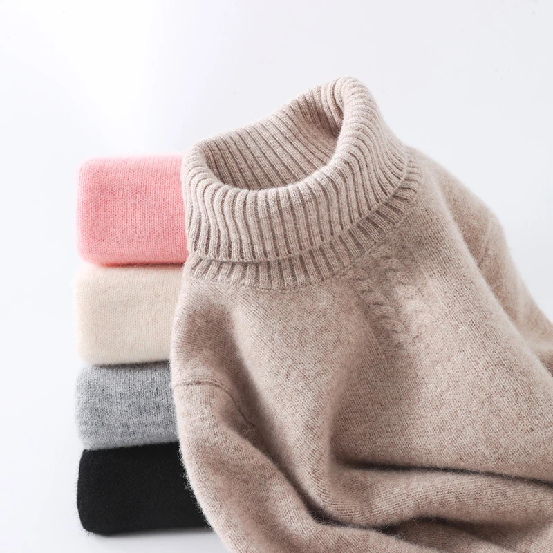 2024秋冬新款男女中大童扭花高翻领羊毛衫加厚针织打底长袖毛衣