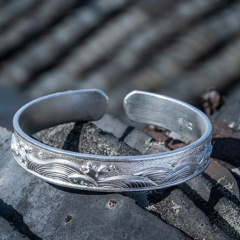 昂故 足银手镯 西江月原创手工水波纹錾刻时尚实心开口纯银山海镯