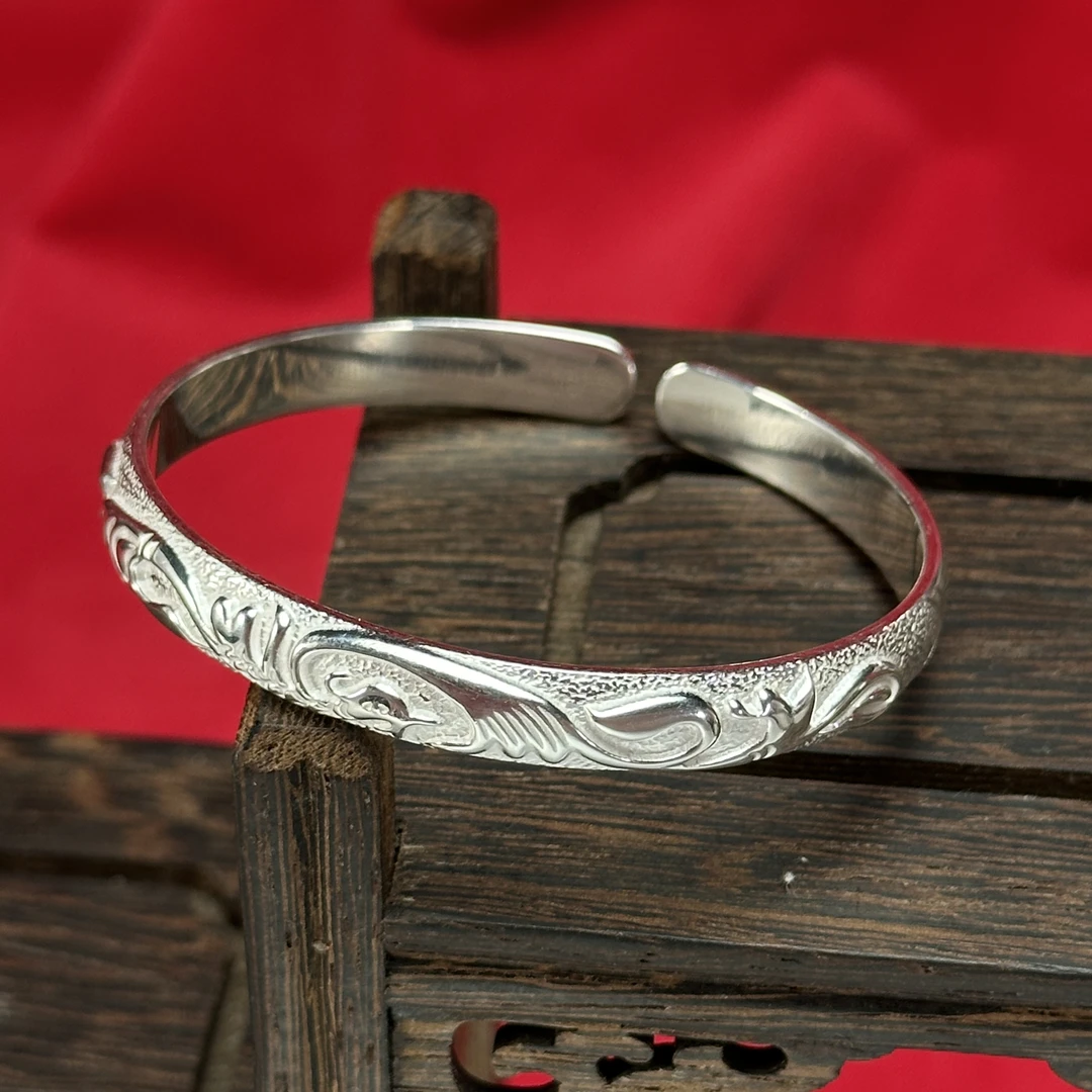 昂故 足银手镯 凤纹手镯浮雕凤凰镯子时尚双面纯手工民族风实心--
