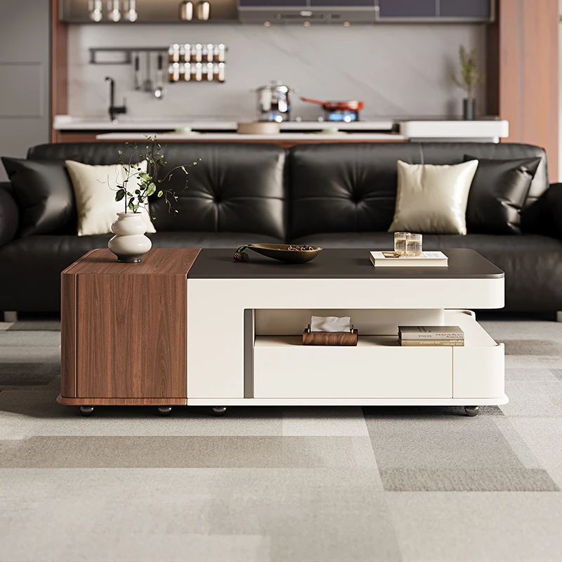 多功能可伸缩升降岩板茶几家用现代简约长方形大容量储物移动茶几