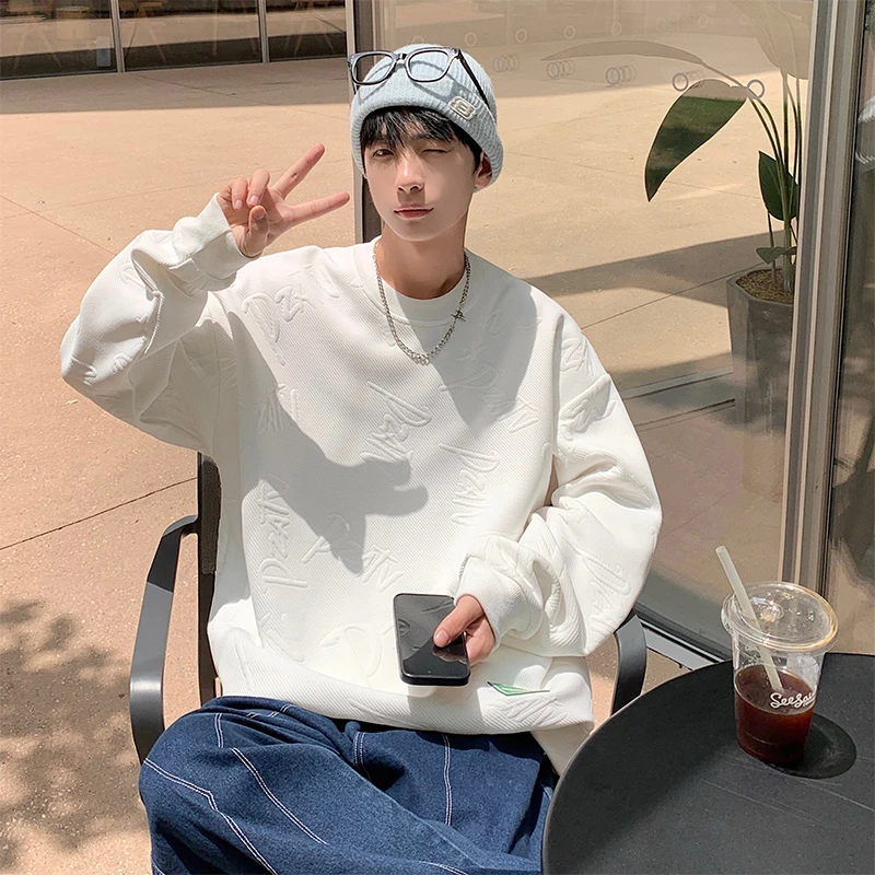 二更重磅圆领潮牌卫衣男款大码秋季港风复古纯色立体字母压花上衣