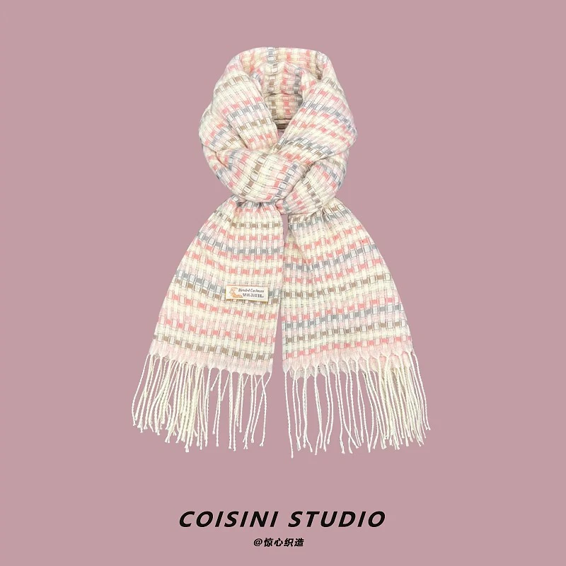 日系小清新浅粉色小格子仿羊绒流苏围巾女冬季保暖百搭亲肤围脖潮