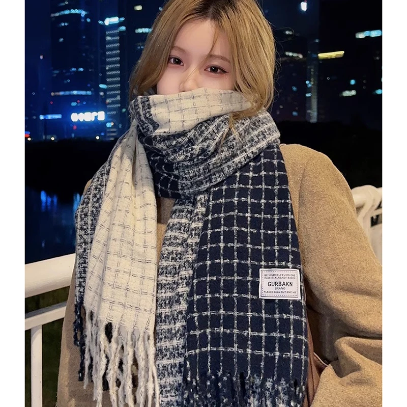 格子围巾女冬季高级感百搭秋冬学生情侣围脖2023新款韩系蓝藏青色