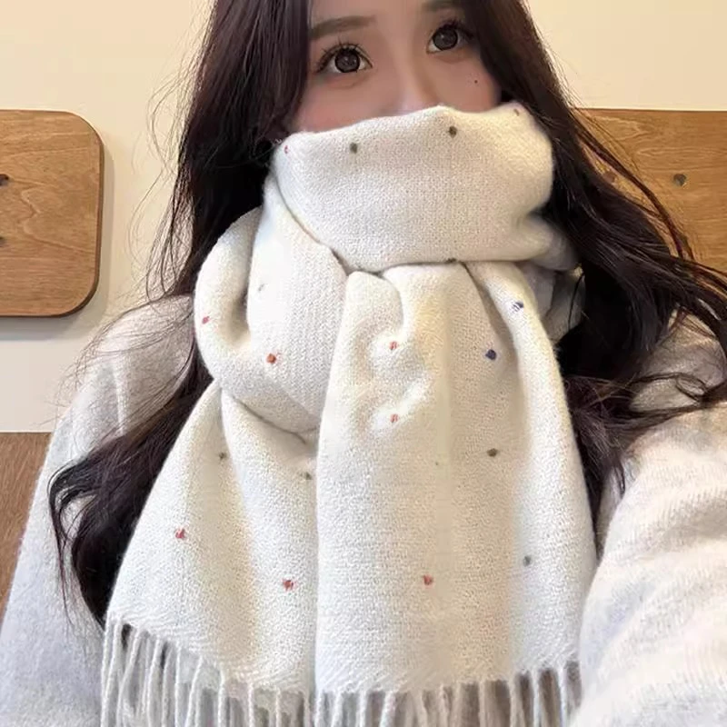 米白色围巾女秋冬季高级感百搭围脖韩版学生情侣波点保暖披肩两用