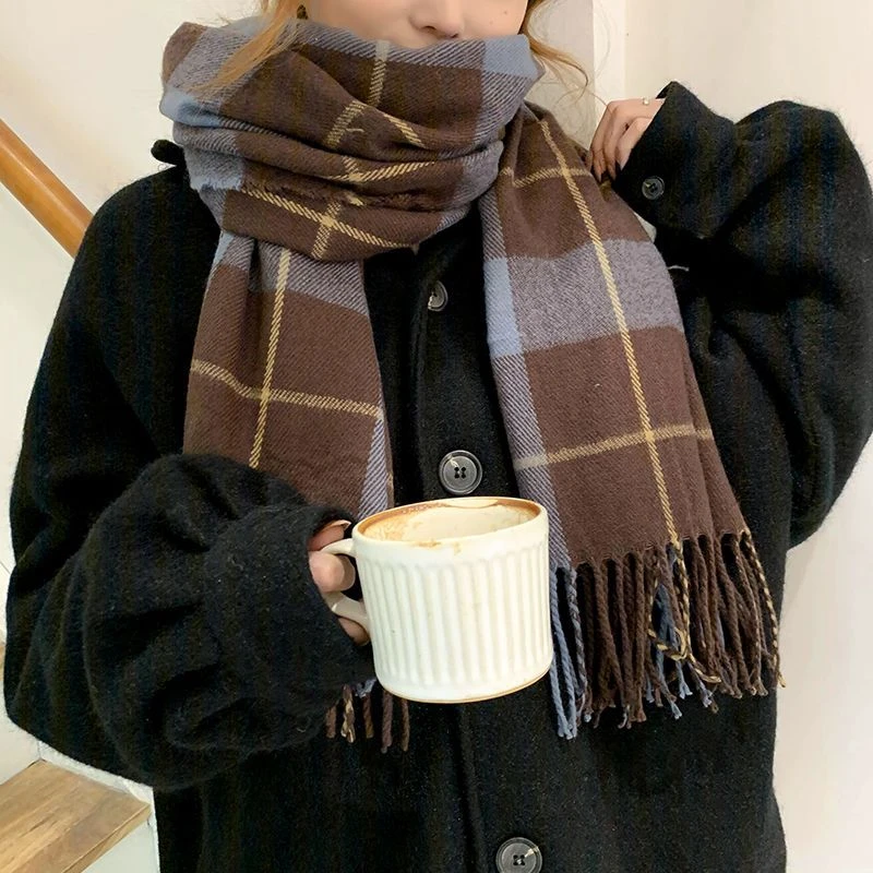 双面格子围巾女秋冬季英伦风千鸟格子ins百搭长款加厚保暖披肩男