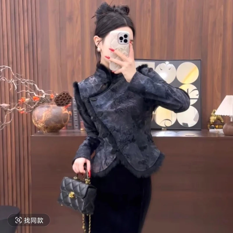 冬季新款斜襟盘扣国潮风半高领拼接加绒扎染打底衫057