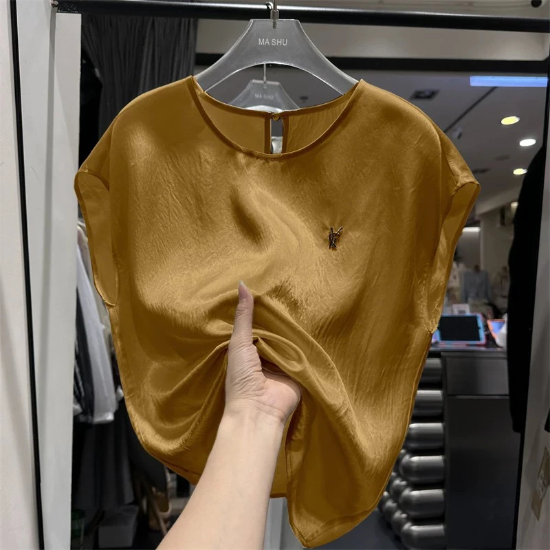 桑蚕丝常规套装夏季气质宽松女士设计师宽松型纯色无袖修身型T恤