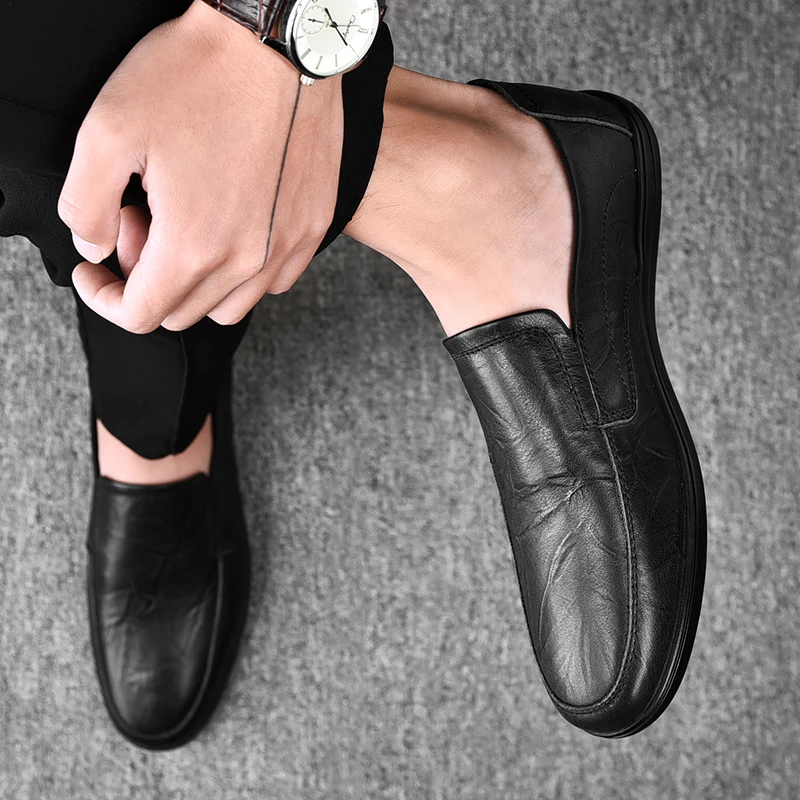 秋季真皮牛皮舒适百搭一脚蹬男士皮鞋软底软面英伦休闲皮鞋99127