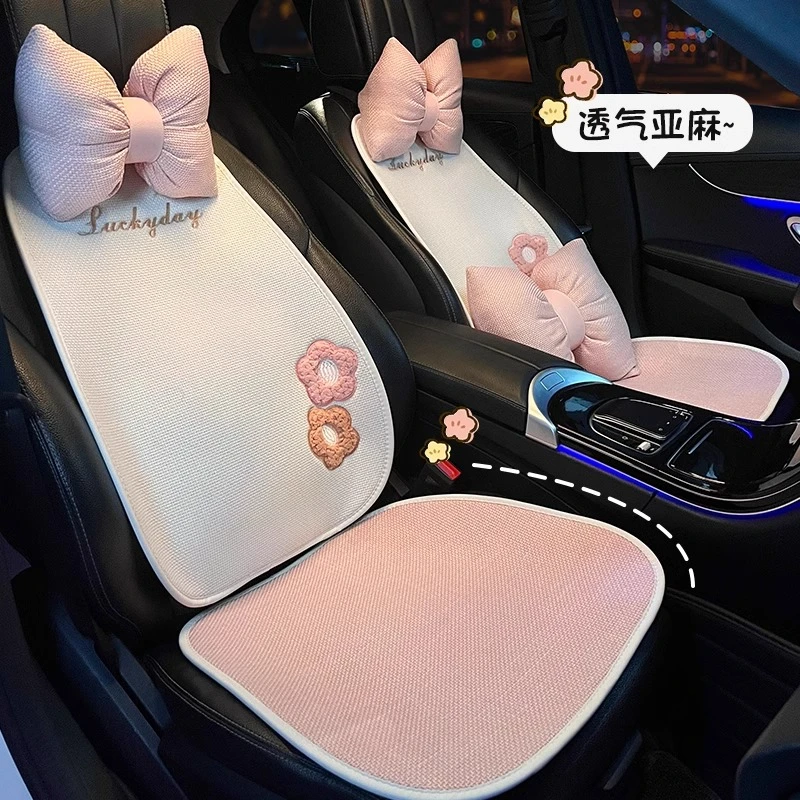 汽车坐垫夏季车内座椅垫单片通用四季透气舒适刺绣花朵亚麻座套女