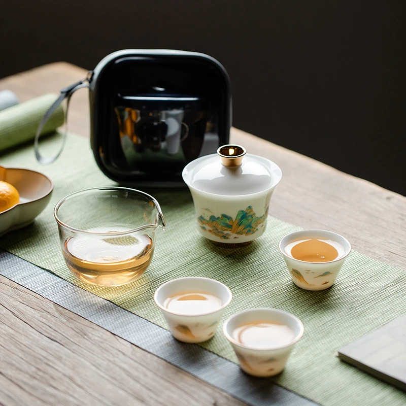 快客杯一壶三杯便携式旅行茶具高档陶瓷千里江山户外露营泡茶神器