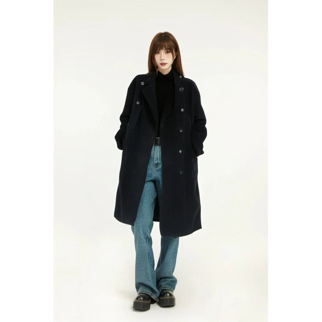 Basic House/百家好时尚长款双排扣外套BJ796-HVCA725ABK