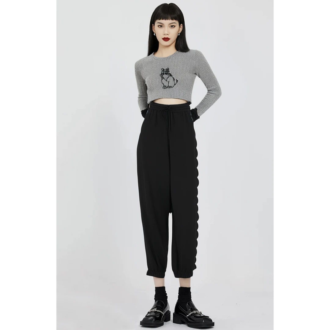 Basic House/百家好时尚收腰花边休闲裤 BJ903-HVPT521ABK