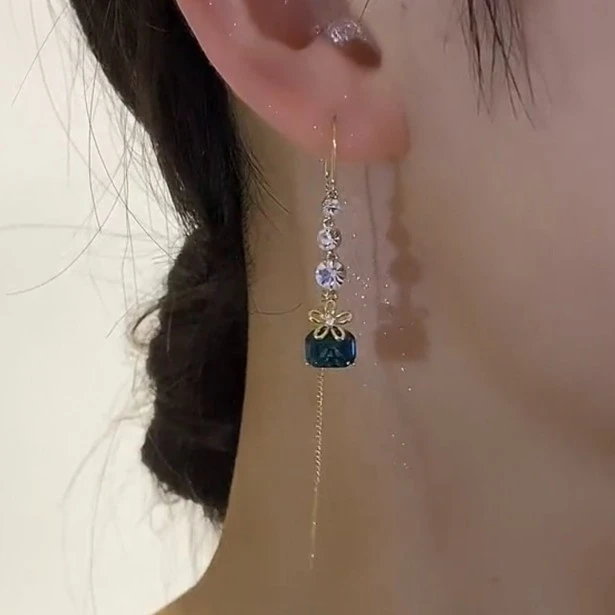 气质蓝色方块花朵流苏长款防丢耳线