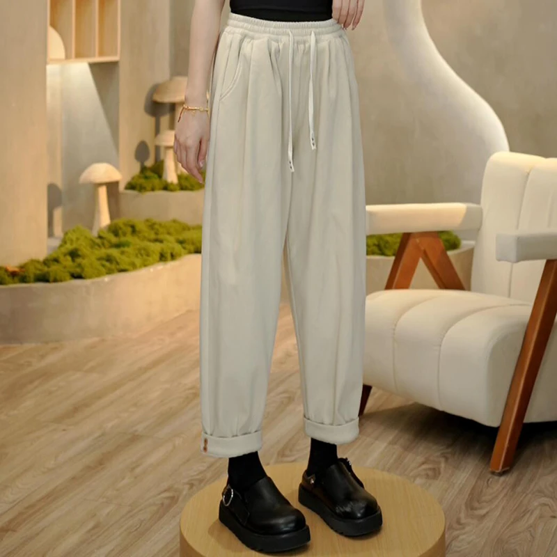 6642 秋冬新款卷边直筒休闲裤抽绳时尚百搭简约宽松显瘦裤子