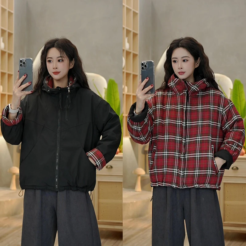 8806 冬季新款加厚格子两面穿立领棉服时尚百搭休闲棉衣外套