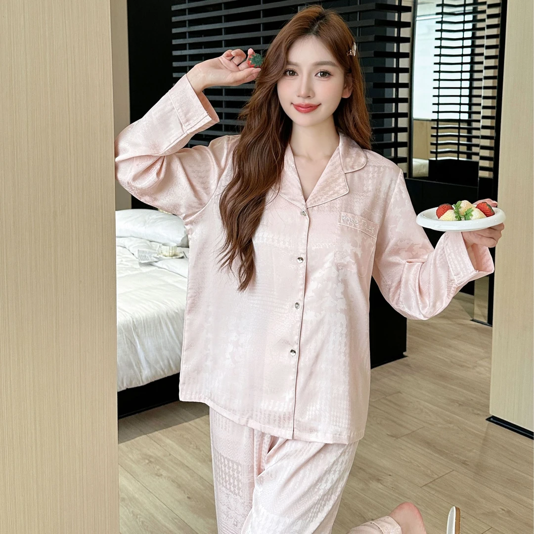 【朝暮】四季可穿情侣牛奶丝提花睡衣长袖透气家居服套装687