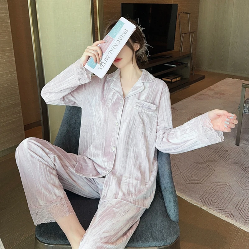 【流光】浪漫春天秋冬云感钻绒高级感蕾丝保暖睡衣女款2025爆款1276