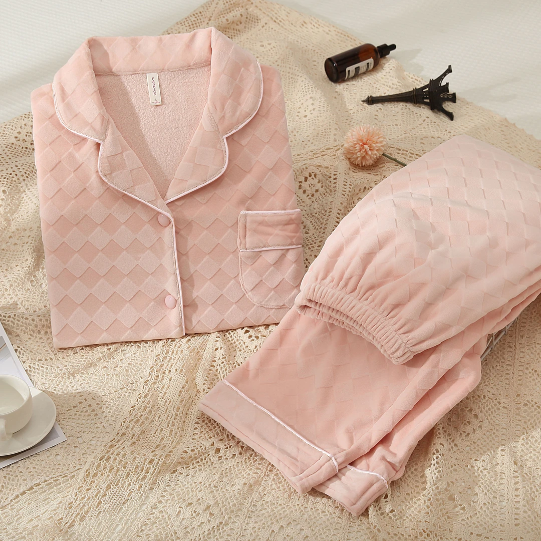 【梦境】冬季新款情侣款菱格海岛绒睡衣加厚加绒宽松家居服套装583