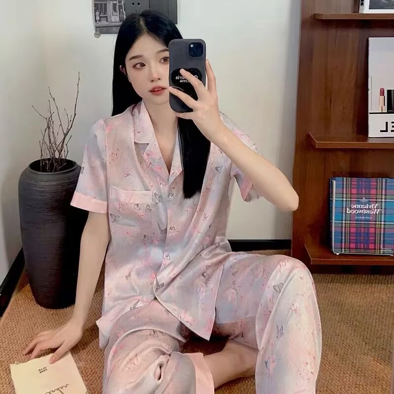 【彩蝶】夏季新款牛奶丝印花短袖三件套优雅气质丝滑透气家居服1085
