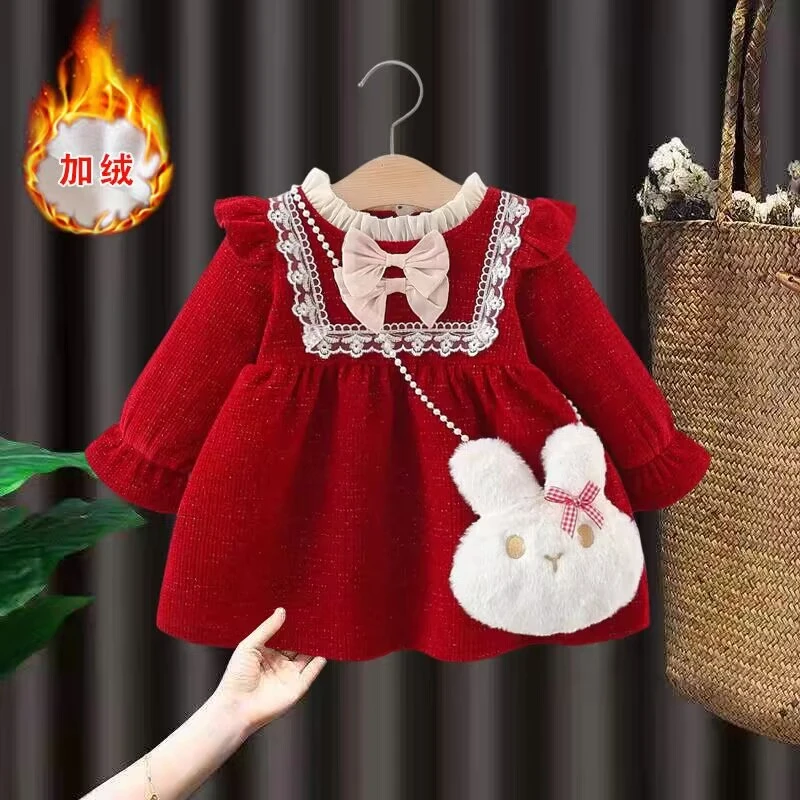 女童加绒连衣秋冬款2024新款女宝宝周岁礼服冬季公主裙婴儿拜年服