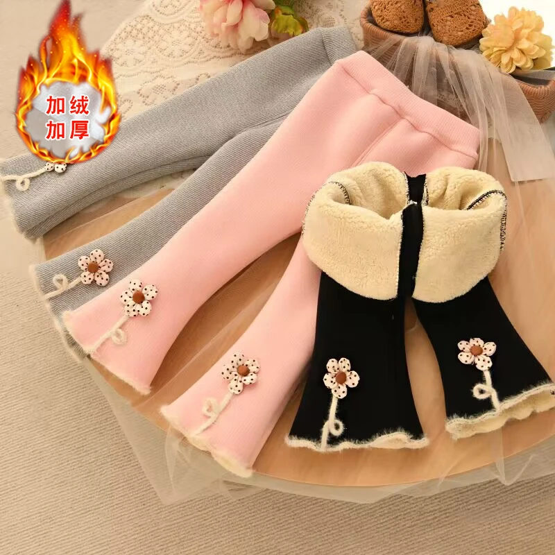 女童加绒打底裤冬季小女孩外穿加厚保暖裤洋气女宝宝婴儿喇叭裤子