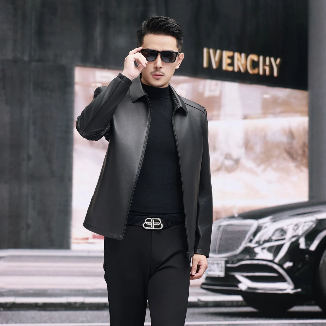 2112海宁男士头层绵羊皮夹克翻领款修身商务秋冬真皮皮衣外套男款