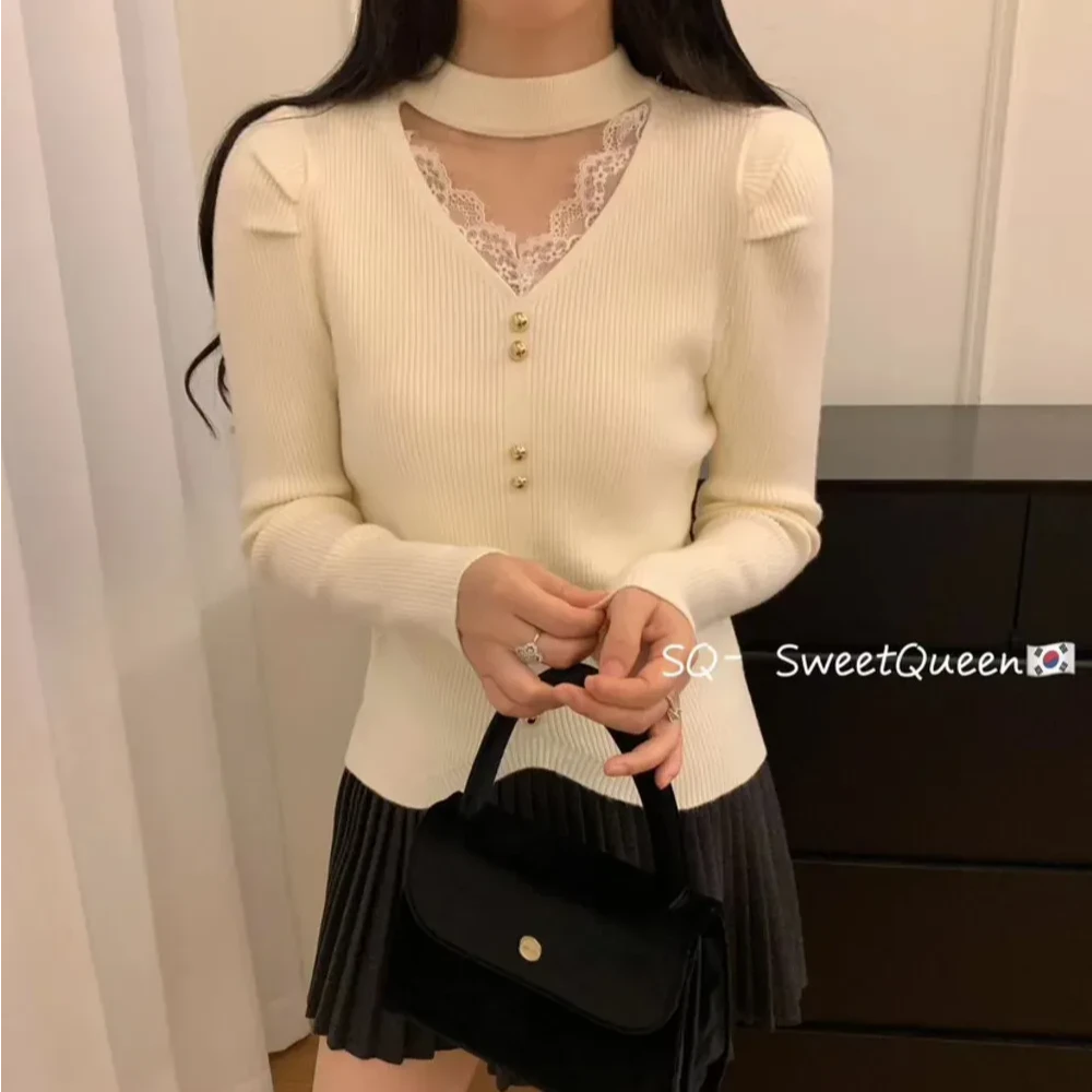 新款蕾丝2024拼接法式针织衫设计秋冬毛衣修身打底针织上衣