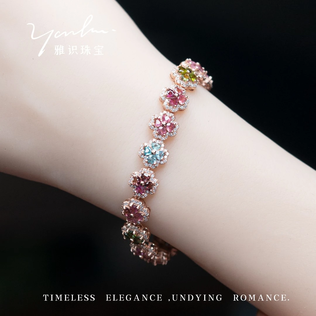 S925银天然彩色碧玺四叶草彩虹满钻手链（多样性发货）ys0015
