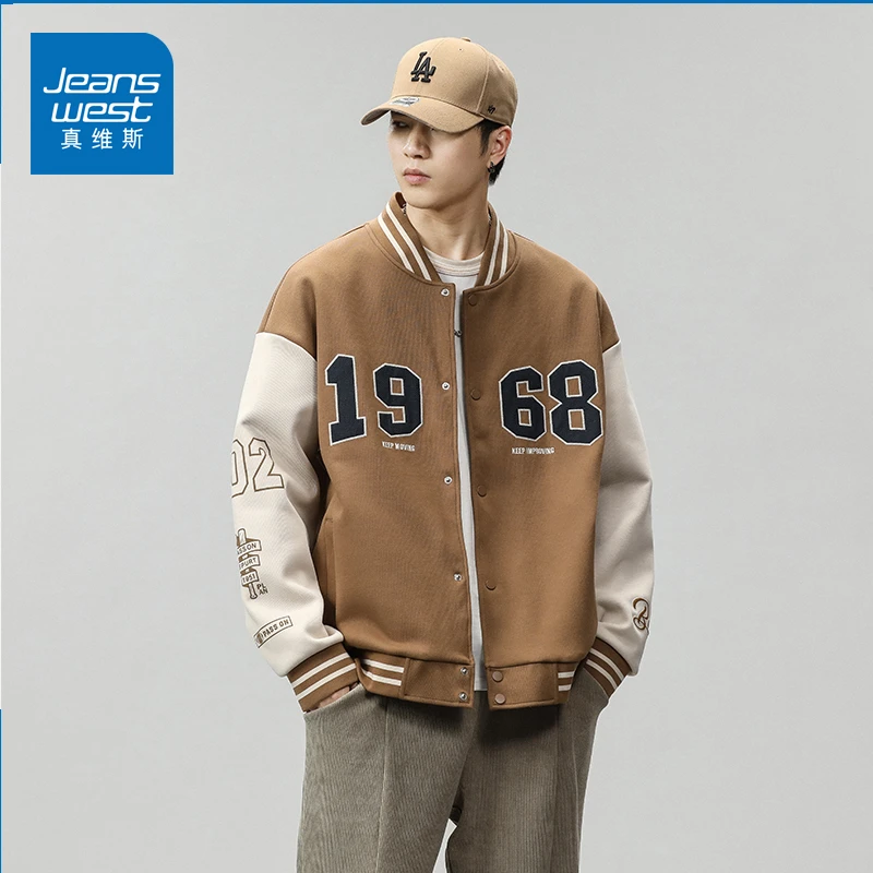 Jeanswest/真维斯美式棒球服外套男士2023秋季新刺绣上衣潮牌夹克