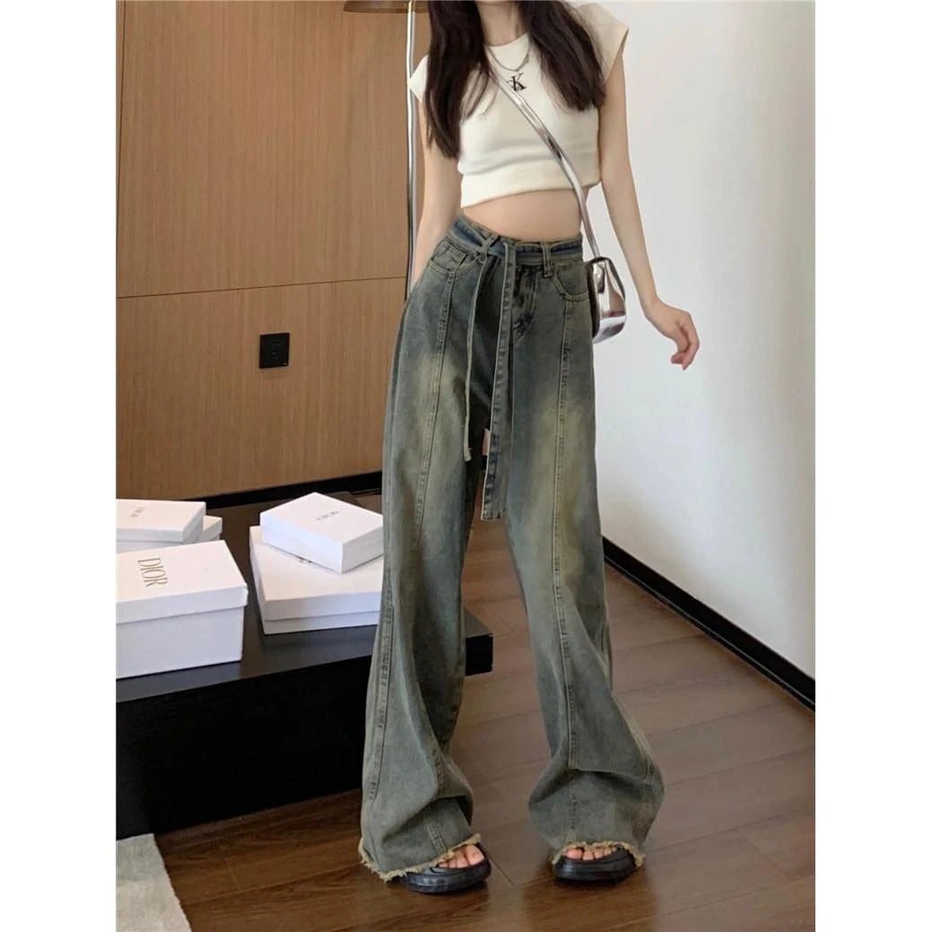 小个子复古牛仔阔腿裤女150cm美式高腰宽松直筒慵懒休闲拖地裤XS